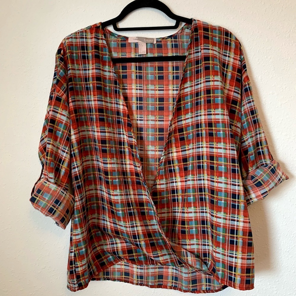 Forever 21 Contemporary Plaid Shirt Boxy Fit Orange and Multi Color